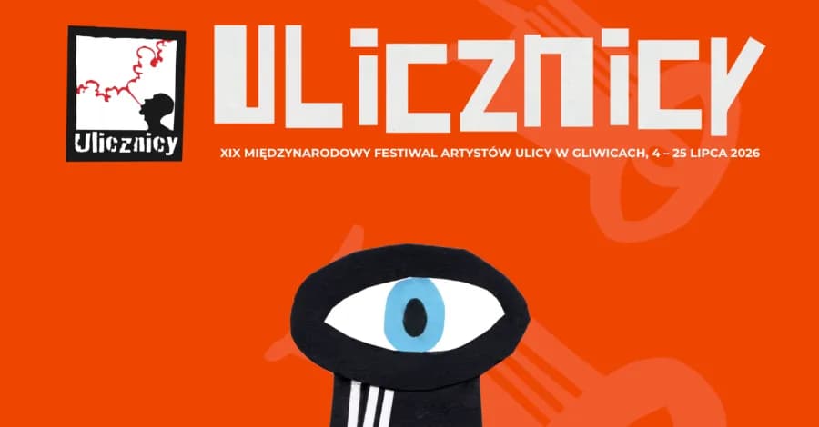 A poster featuring the name "ULICZNICY" in large white letters at the top, a smaller black box with a silhouette blowing a red cloud and the word "Ulicznicy" in the top left, and a large stylized eye with a blue pupil in the bottom center, all against an orange background with a faint outline of a g
